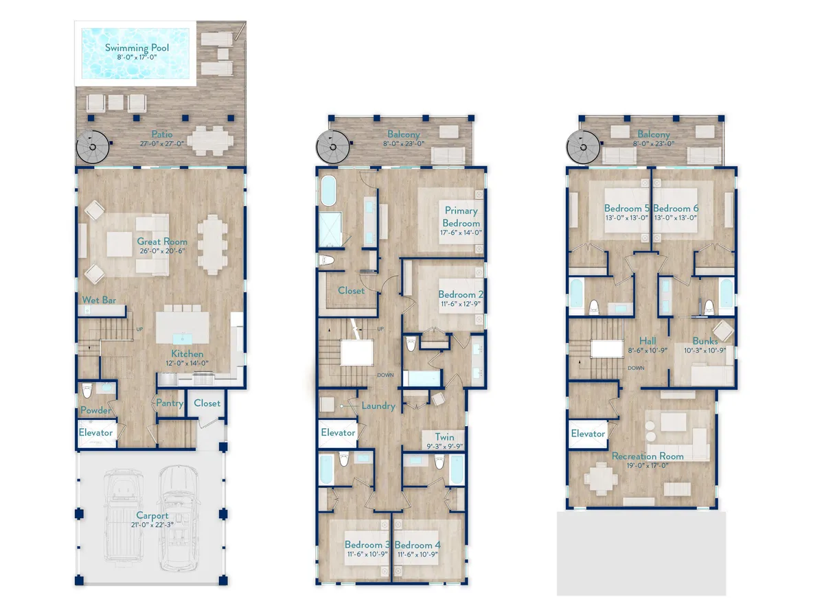 A comprehensive interior view featuring the villa’s private heated swimming pool on the beachfront patio, a spacious great room with a wet bar and large dining table, a chef-inspired kitchen with modern appliances, and glimpses of bedrooms with balconies and ensuite bathrooms. The image captures the main social spaces described, seamlessly connecting indoor and outdoor living areas.